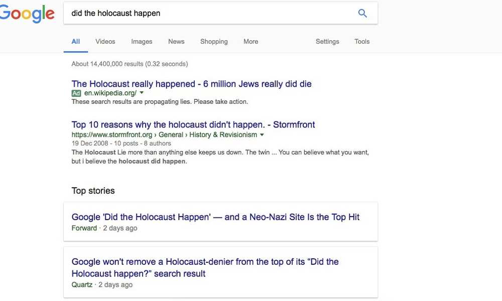 La recherche effectuée par « The Guardian » qui est à l'origine du mea culpa de Google - DR La recherche effectuée par « The Guardian » qui est à l'origine du mea culpa de Google - DR